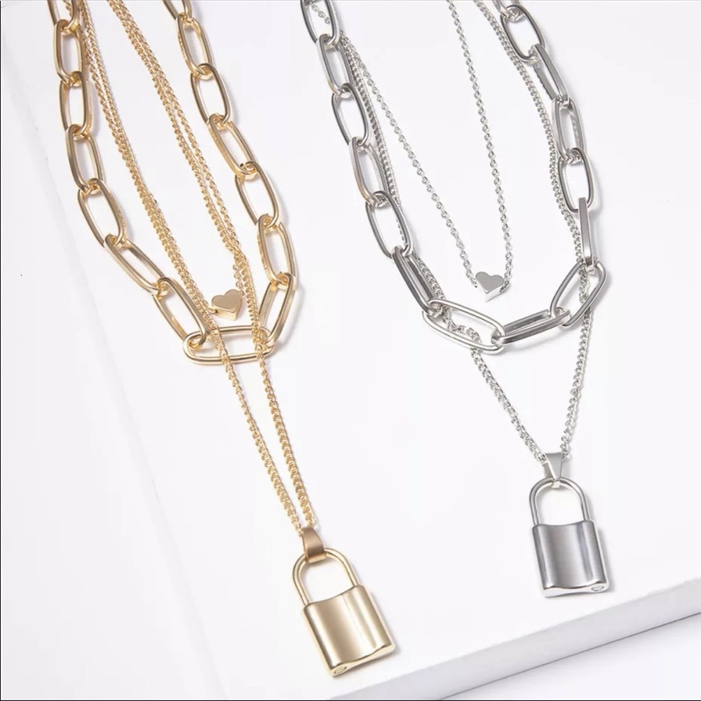 Multi Strand Chain Necklace with Heart and Padlock
